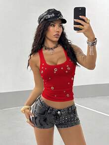 StreetHx Women's Summer Fashion Street Punk Eyelet Fitted Tank Top - Red - View 4