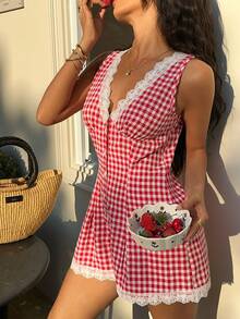 Sunnyshic 女士春夏印花深V领荷叶边腰部无袖连体裤 - 紅色 - 查看 1