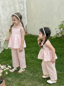 SHEIN LMoss Kids Baby Girl Summer Casual Vacation Daily Commute Solid Color Jacquard Babydoll Cami Top & Wide Leg Pants Set - Pink - View 1