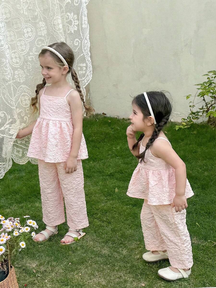 SHEIN LMoss Kids Baby Girl Summer Casual Vacation Daily Commute Solid Color Jacquard Babydoll Cami Top & Wide Leg Pants Set - Pink - View 1