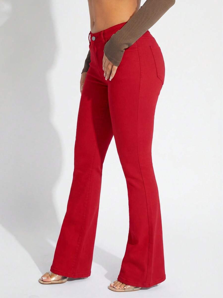 SHEIN SXY 女士纽扣腰休闲百搭喇叭牛仔裤 - 紅色 - 查看 1