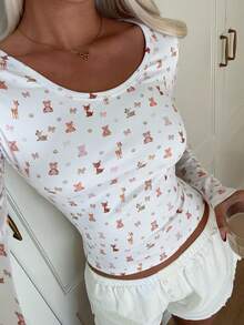 CovetEZ Áo thun nữ dài tay cổ tròn in hình gấu hoạt hình, kiểu dáng thường ngày. - Màu be - Xem 3