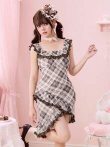 ROMWE Cute Kawaii Sweet School Girl Plaid & Contrast Lace Mini Dress For Women - Multicolor - View 5