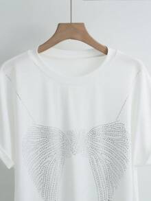 Franclia French-Style Rhinestone White T-Shirt,Short-Sleeved Elegant Loose Fashion Top,White And Silver,Summer,Effortless Chic,Party,Cute Outdoor Versatile Tee - White - View 7