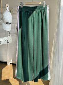 Comfortcana 大码女式弹力腰侧条纹阔腿宽松休闲裤 - 綠色 - 查看 2