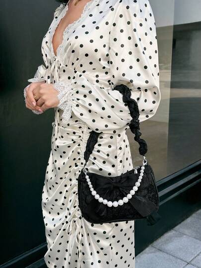 SHEIN MOD Lightweight,Business Casual Argyle Princess Faux Pearl & Rhinestone Pearl Chain & Decor Jacquard Bow & Faux Pearl Decor Baguette Bag For Party, Wedding, Prom And Dinner, Lipsticks, Women's Pearl Bag For Teen Girls Women College Students,Rookies & White-Collar Workers Perfect For Office,College,Work ,Business,Commute,Outdoors, Travel, Outings, Bow Purse For Women Valentines, Elegant Pearl Bag