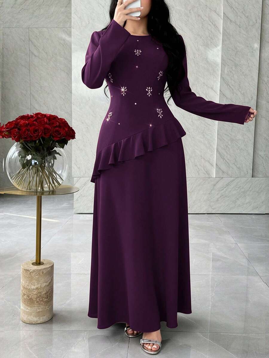Feyla Women's Elegant Rhinestone Peplum Waist Long Dress, Suitable For Spring And Autumn