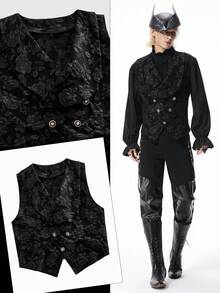ROMWE MEN Goth 男士哥特玫瑰提花背心 - 黑色 - 查看 8