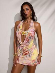 SHEIN BAE Women's Elegant Sexy Floral Print Halter Backless Mini Dress, Summer Summer Sexy Dress - Apricot - View 7