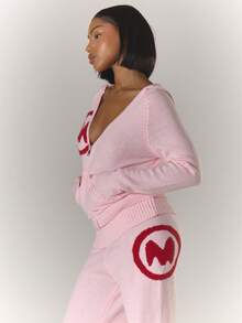 MUSERA V领拉链连帽修身马海毛针织套头衫（仅上衣）冬季酷女孩舒适可爱户外探险情人节 - 粉色 - 查看 4