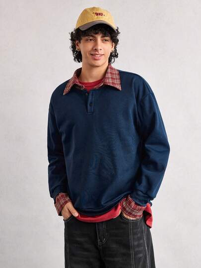 Open Phase Men Long Sleeve Contrast Plaid Polo Shirt, Loose Casual Sports College Style, Fall Spring To Summer