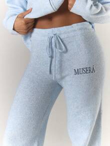MUSERA Pantalones anchos de punto acanalado con detalles bordados, cómodos, lindos, casuales, para club de café, invierno, elegantes, para fiesta de noche - Celeste - Ver 5