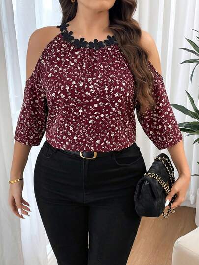 SHEIN Frenchy Plus Size Women Off Shoulder Floral Print Ruffle Patchwork Casual Blouse