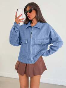 EURMUSE 女士超大牛仔长袖夹克 - 淺色水洗藍 - 查看 4