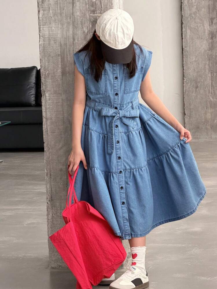 Tween Girls' Casual Washed Front Button Ruffle Hem Denim Dress, Summer