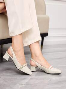 Sleekvia 新款方头粗跟无后跟绑带舒适防滑时尚百搭女式高跟鞋，春秋季 - 米色 - 查看 4
