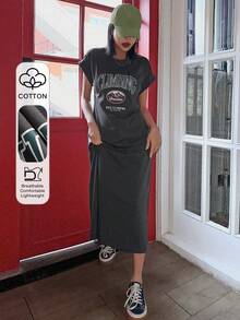 DAZY 长袖圆领字母印花露肩连衣裙 T 恤连衣裙夏季太阳裙，休闲女装 - 深灰色 - 查看 1