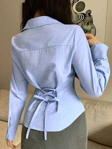 DAZY 女士荷叶边领修身蓝色衬衫，休闲海滩度假风，适合夏季、春季、情人节、婚礼等场合。 - 藍色 - 查看 2