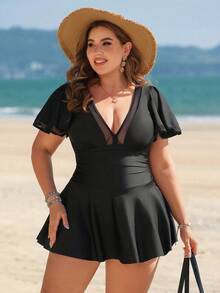 Swim Lushoire Plus Size Women One-Piece Swimsuit With Mesh Trim Collar And Cuffs - Black - View 5
