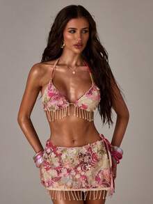 SHEIN BAE 女士优雅花卉印花拼接亮片贴花网纱流苏露背系带比基尼上衣，适合海滩和度假穿着 - 粉色 - 查看 7