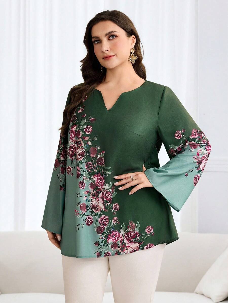 Al Najma 大码女式时尚优雅印花阿拉伯风格上衣 - 墨綠色 - 查看 1