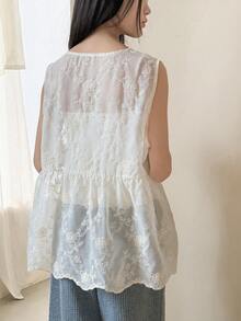 Dazy Kids 少女花卉刺绣前系带无袖宽松上衣 - 杏色 - 查看 4