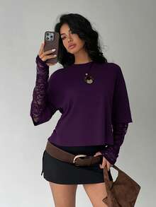 Aloruh Women's Casual Solid Color Crew Neck Fitted T-Shirt, Sweet Lace Patchwork T-Shirt - Navy Blue - View 7