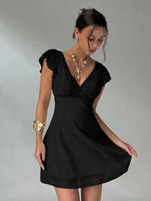 Aloruh Elegant Sexy Charming Ruffle Sleeve A-Line Deep V-Neck Backless Mini Dress For Women,Black Dress For Women - Black - View 6