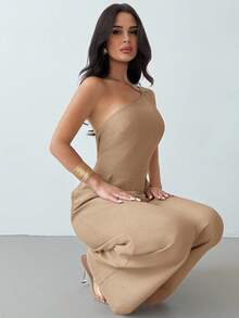Mono de verano nuevo, elegante y minimalista de lino de color albaricoque con espalda descubierta, plisado en la cintura y piernas anchas, para vacaciones, uso diario y todas las estaciones - Albaricoque - Ver 4