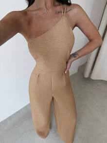 Mono de verano nuevo, elegante y minimalista de lino de color albaricoque con espalda descubierta, plisado en la cintura y piernas anchas, para vacaciones, uso diario y todas las estaciones - Albaricoque - Ver 5
