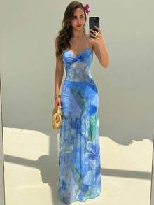 Vestido con estampado floral romántico con tirantes de espagueti y espalda abierta, adecuado para citas, vacaciones, primavera/verano - Azul - Ver 6