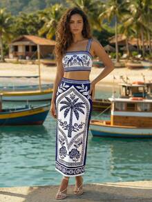 CAJUNI Blue & White Knit Set, Including A Mid-Length Dress And A Straight Fitted Top, Exuding Tropical Vacation Vibes. - Blue - View 5