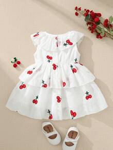 Souflis Souflis Baby Mädchen Sommer Neu Rüschen Kragen Lochstickerei Kirsche Muster Vintage Ärmellos Kleid - Rot-Weiß - Übersicht 3