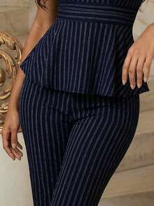 Anewsta Women's Elegant Navy Blue Glitter Striped Pencil Pants - Blue - View 7