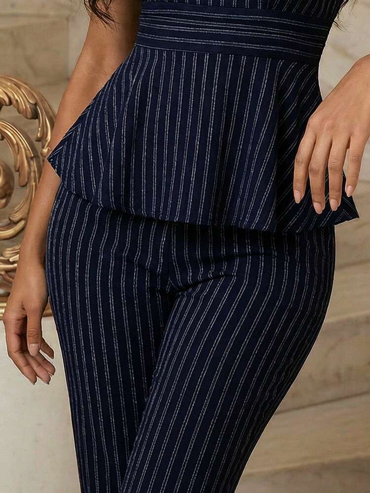 Women's Elegant Navy Blue Glitter Striped Pencil Stripe Pants Business Casual Pants