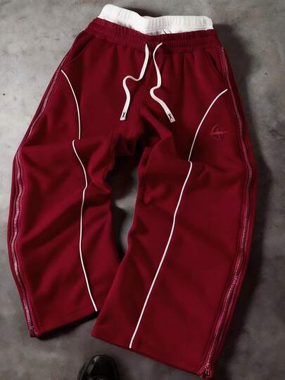 PAVTROS Pantalon large style streetwear jeune avec double fermeture éclair à la taille et empiècements latéraux, coupe ample, imprimé graphique, assorti, pour les amis, << J'aime mon copain », style urbain, pour les couples, double ceinture avec bandes réfléchissantes et motifs brodés à la mode.