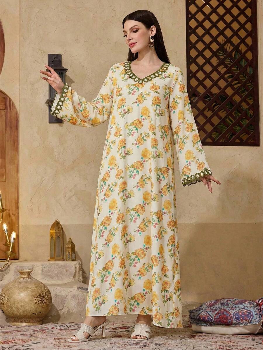 Al Najma Women's V-Neck Floral Print Casual Modest Party & Outing Arabic Style Dress - Multicolor - View 1
