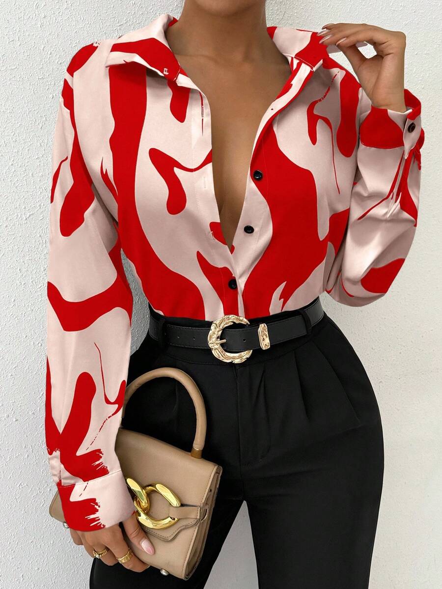 Uhlyne Women's Long Sleeve Business Casual Shirt, Black & White, Autumn - Red - View 1