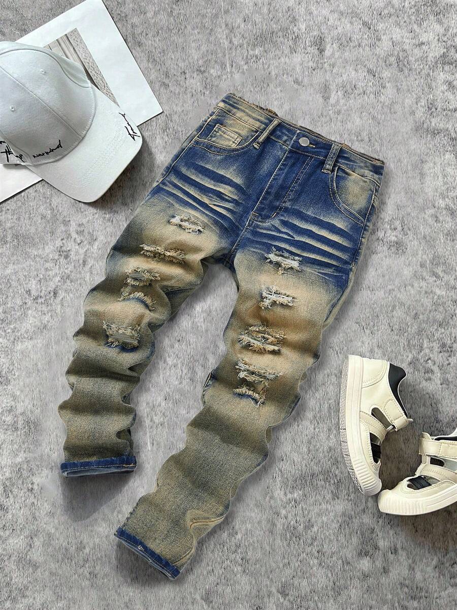 Tween Boy Grunge Ripped Jeans,Back-To-School Blue Summer Distressed Skinny Jeans,Y2k Vintage Streetwear Frayed Stretch Denim For School College Daily - Medium Wash - View 1