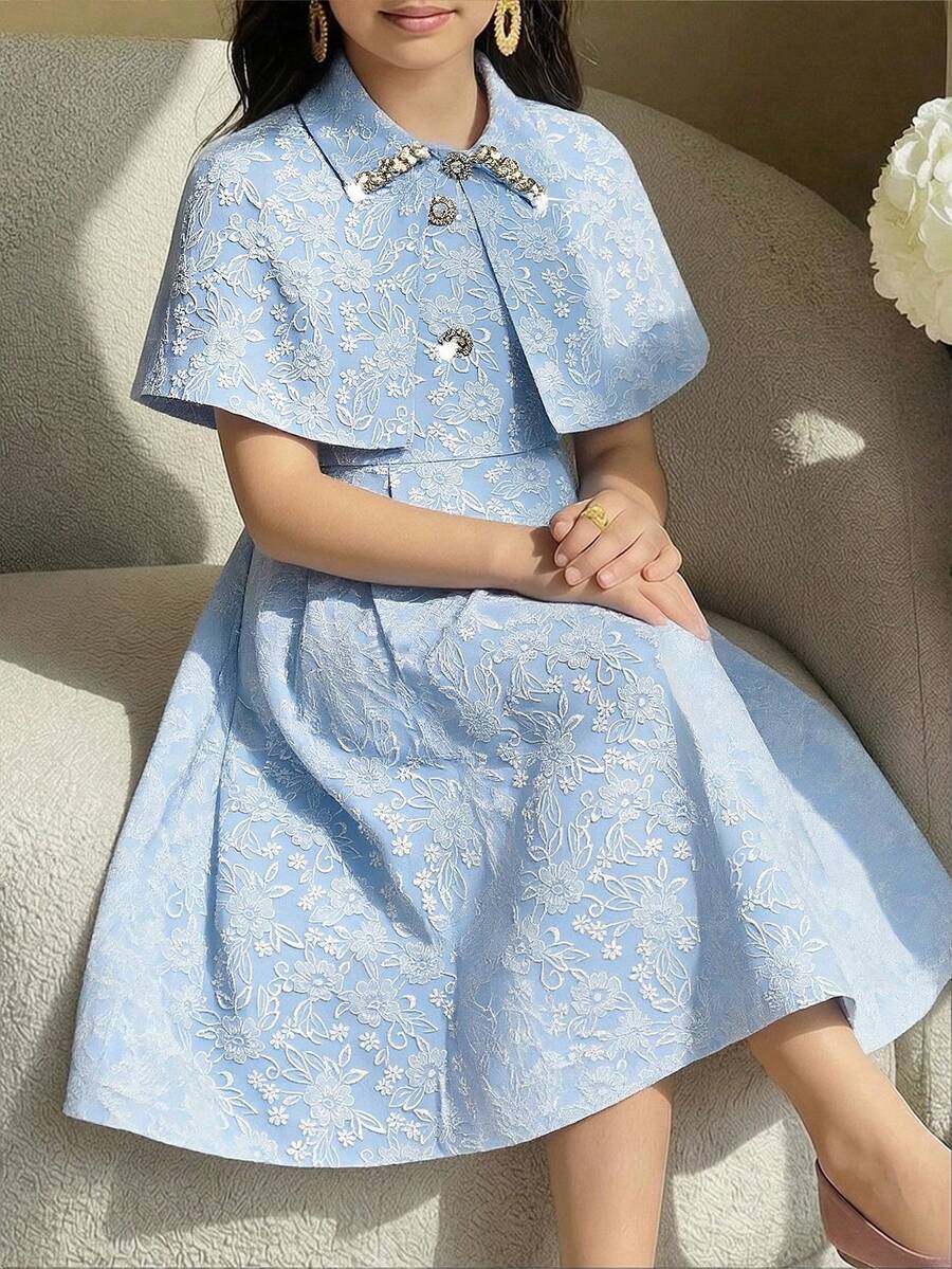 少女优雅水钻装饰罩衫、背心和裙子三件套 - 藍色 - 查看 1