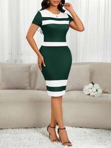 SHEIN Lady 春夏优雅女式连衣裙 婚礼宾客礼服 女士婚礼生日礼服 女士夏季服装 女士度假夏季连衣裙 短袖黑粉条纹设计图案连衣裙 - 墨綠色 - 查看 4