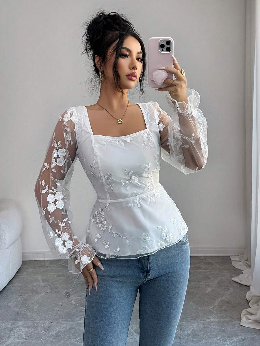 Rafferiza Women's Applique Mesh Patchwork Fashionable Versatile Date Night Long Sleeve Blouse - White - View 1