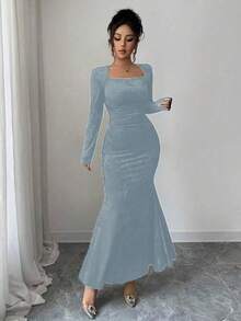 Elenzga Women's Turtleneck Velvet Gold Elastic Knit Bodycon Dress, Elegant Ruched Mermaid Hem Midi Dress For Commute, Date, Party - Baby Blue - View 7