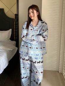 Dazy Plus Cute Cartoon Print Loose Cardigan Top And Pajama Pants Sleepwear Set, Suitable For Spring And Autumn - Blue - View 8