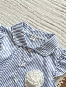 Vintaside Kids Đầm ngắn tay lửng cổ bẻ kẻ sọc dọc đơn giản, thời trang cho bé gái mùa hè, thích hợp cho kỳ nghỉ ngoài trời, cắm trại và mặc thường ngày. - Màu xanh lam - Xem 5