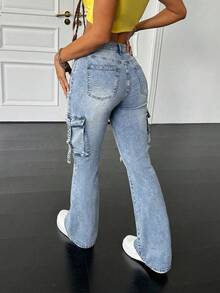 SHEIN ICON Quần jeans ống loe ôm sát, co giãn, cỡ lớn, màu xanh dương, gợi cảm. - Rửa nhẹ - Xem 2