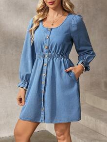 EMERY ROSE Women's Round Neck Single-Breasted Waist Cinched Casual Denim Dress, Suitable For Dates And Outings - Blue - View 3