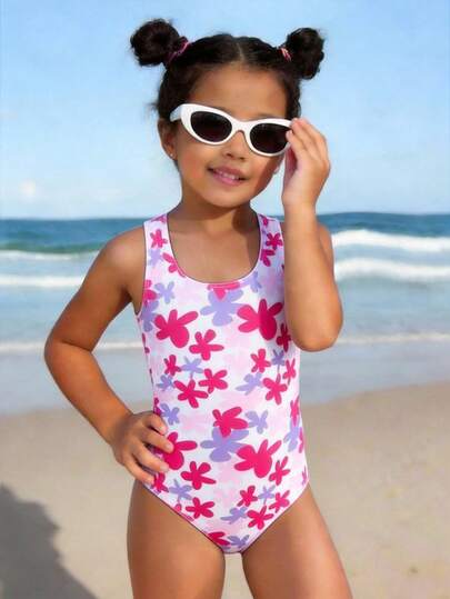 Young Girl Floral Print One-Piece Swimsuit, Cute Beach Vacation Outfit