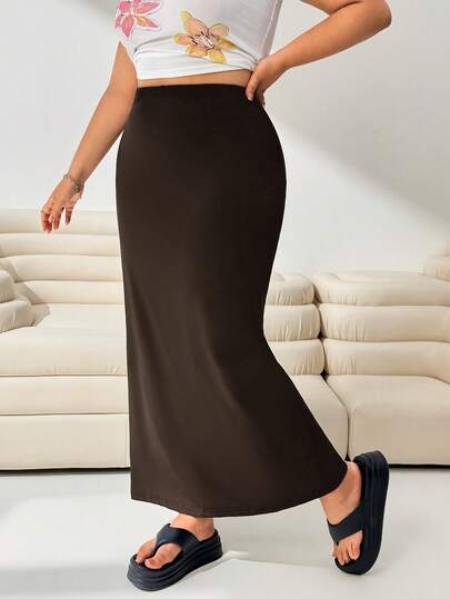 Solflare Gonna elegante in maglia di colore marrone cioccolato, taglie comode