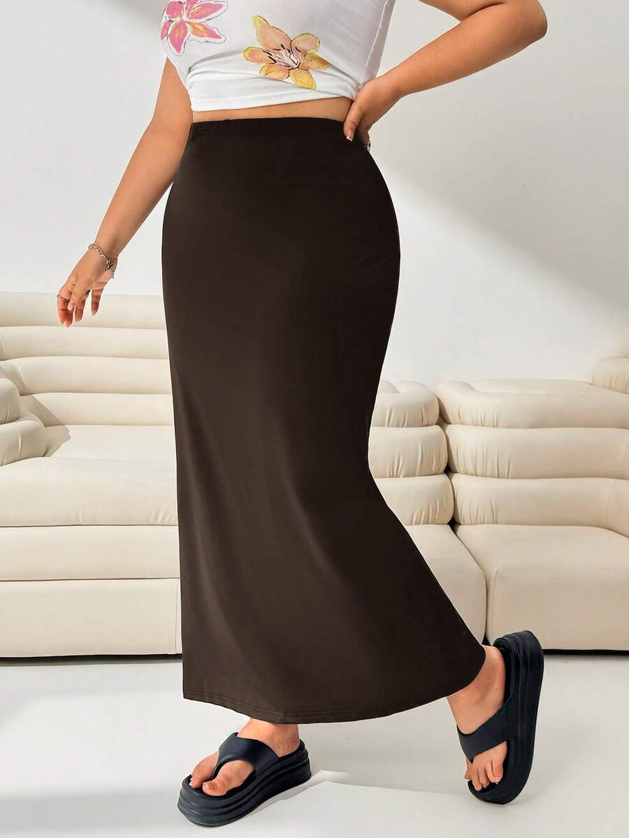 Solflare Falda elegante de punto de color marrón chocolate de talla grande - Marrón Chocolate - Ver 1